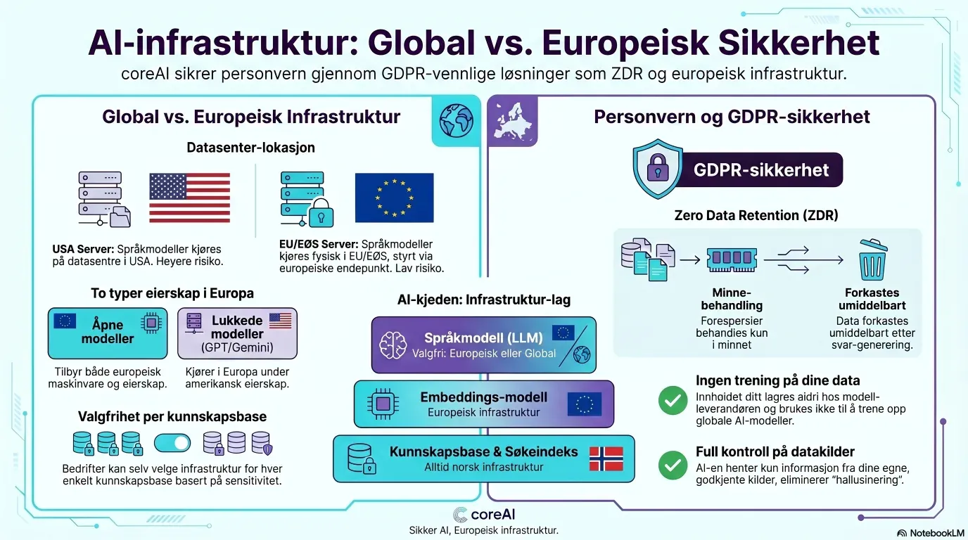 Sammenligning av global og europeisk AI-sikkerhet: hvor språkmodellene kjøres og hvordan dataene behandles innenfor EU/EØS